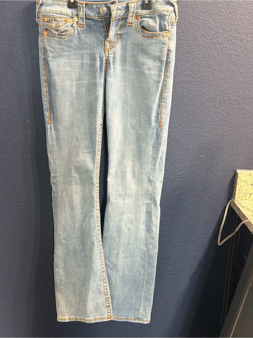 True Religion Light Blue Denim Jeans with Orange Stitching